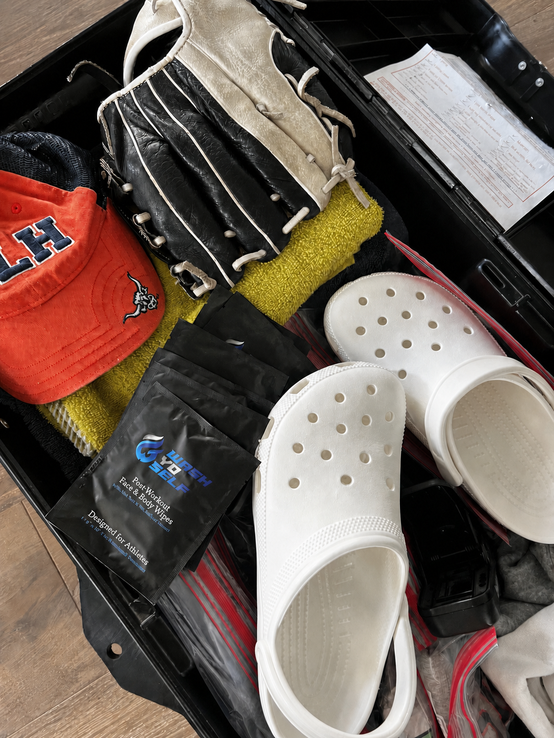 Summer camp trunk packed with essentials including individually wrapped body wipes