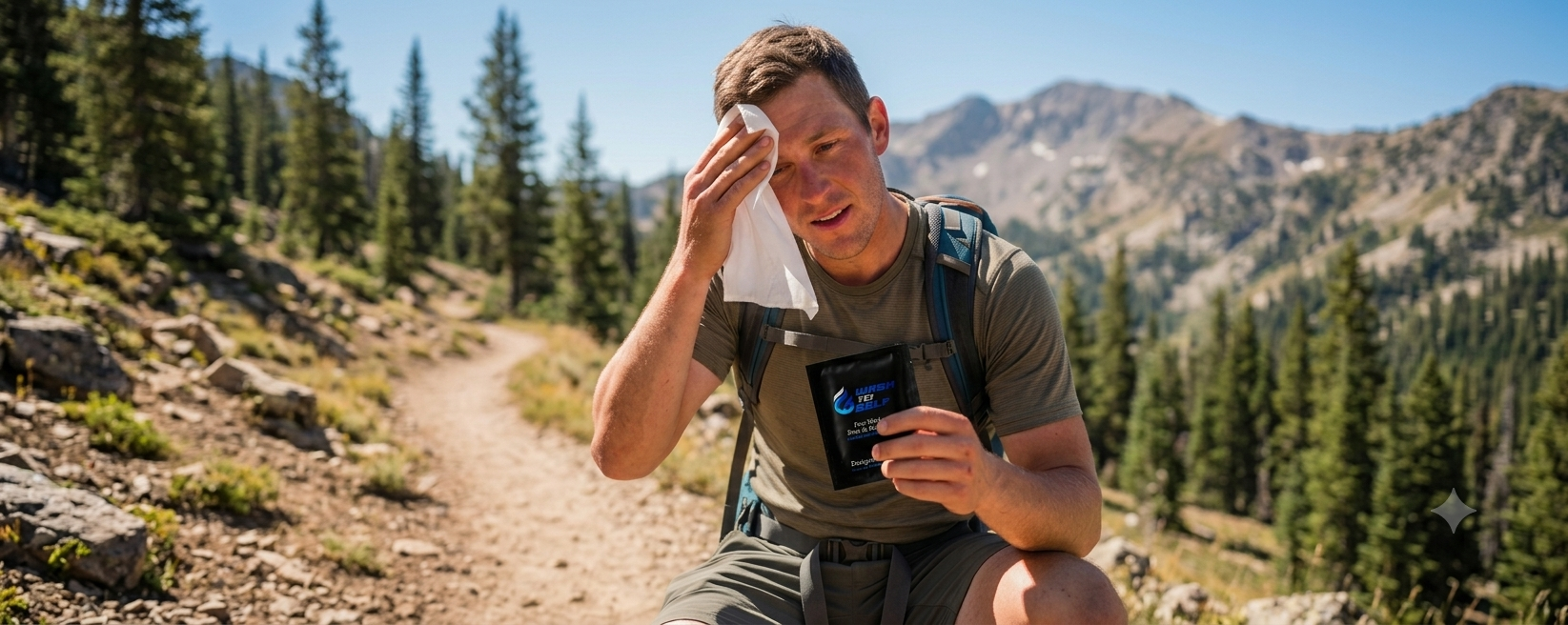 Outdoor hiker with individually wrapped body wipes for the trail