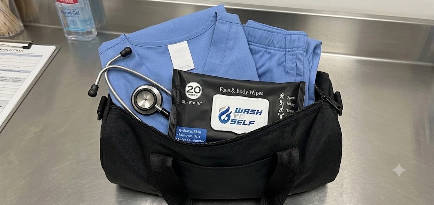 A black medical-style duffel bag on a stainless steel counter holding folded blue scrubs, a stethoscope, and a packet of Wash & Self face and body wipes.