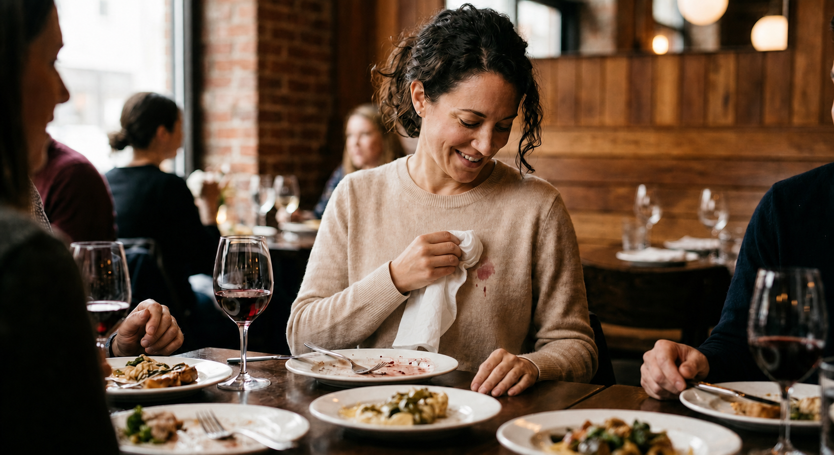 A woman at a restaurant table smiling and wiping a wine spill on her sweater with a Wash Yo Self wipe. Useful for unexpected messes.