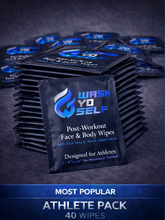 Load image into Gallery viewer, Packaged wipes 40 pack with 'Wash Yo Self' branding on a dark background
