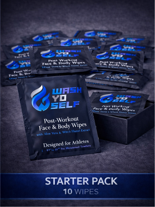 Packaged 10 pack wipes with 'Wash Yo Self' branding on a dark background