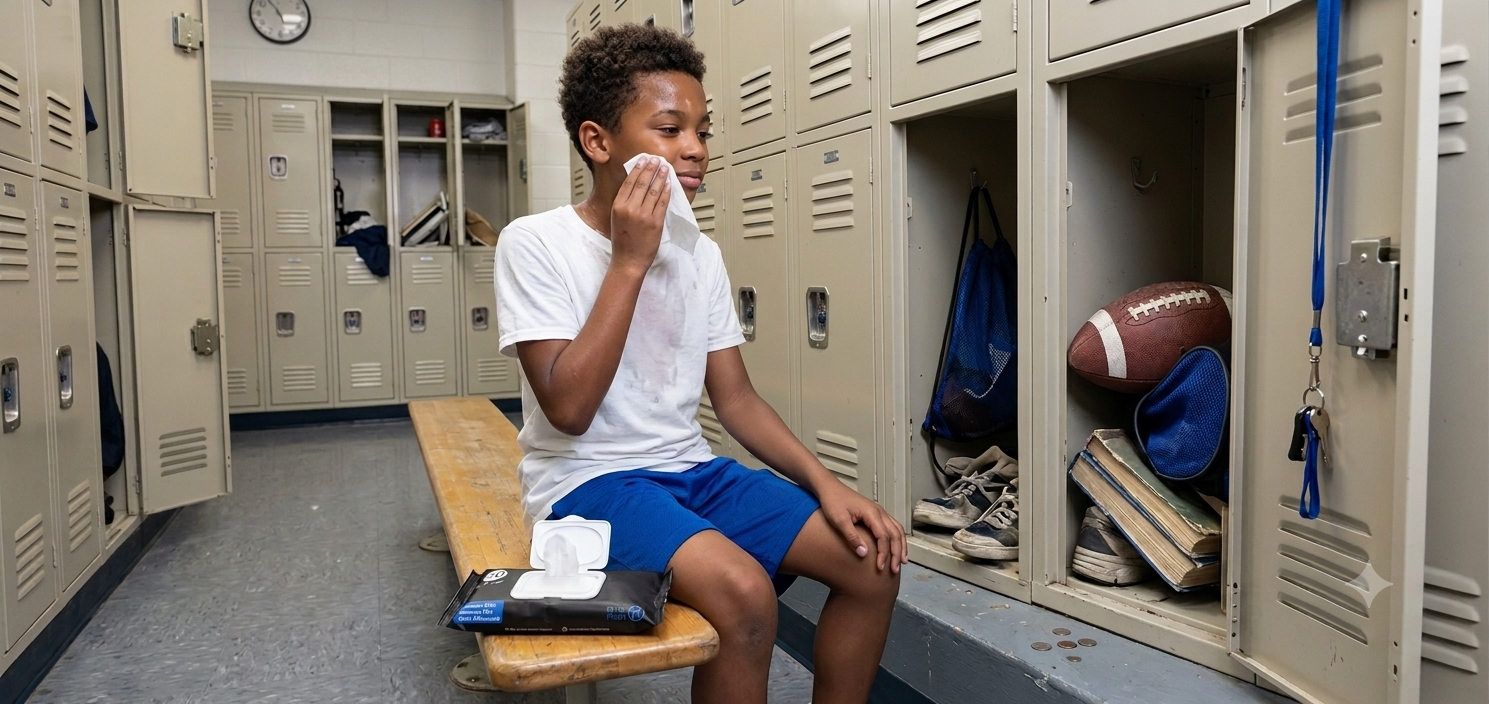 A young athlete in a locker room using a Wash Yo Self wipe from a bulk package after practice.